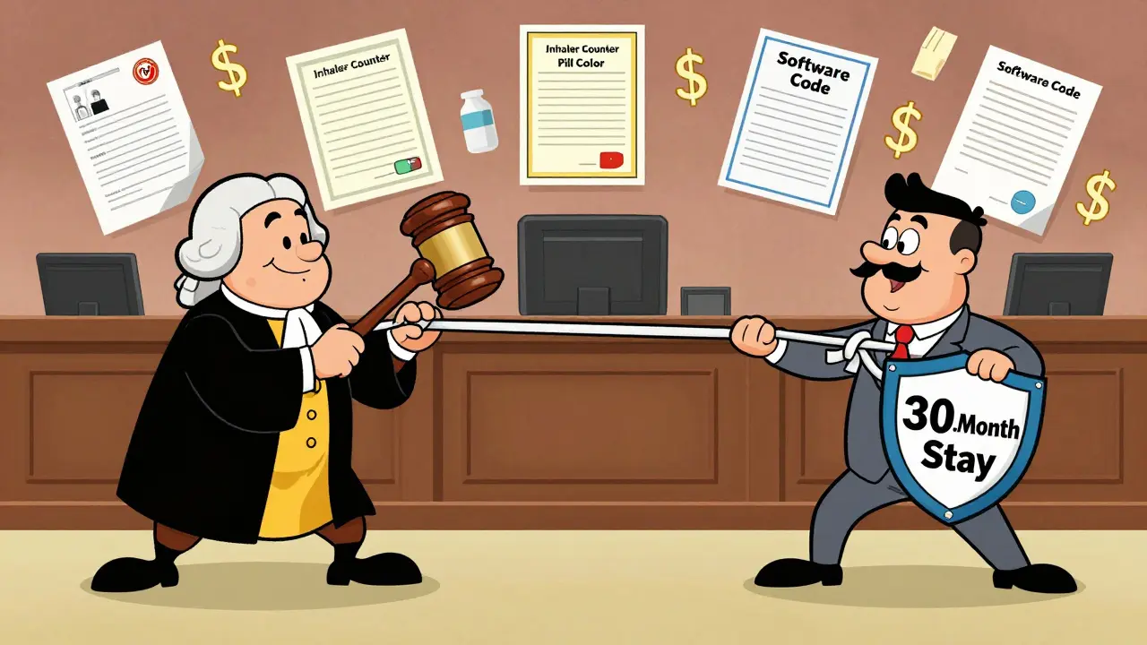 Lawyers tug on a rubber band in a cartoon courtroom with patent-themed obstacles floating around.