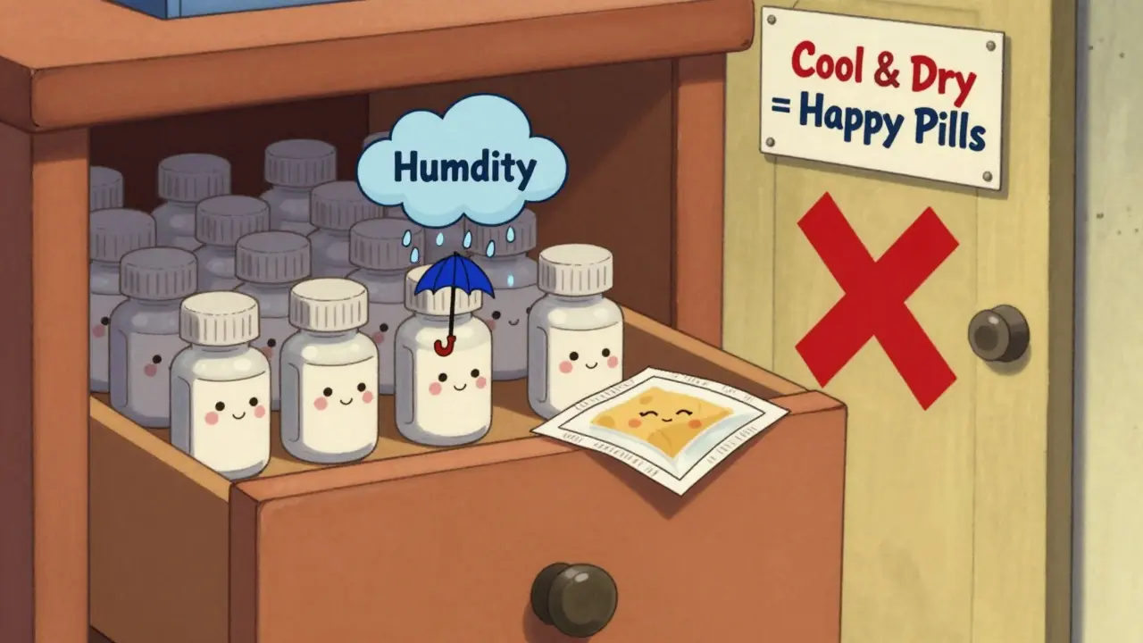 Medicine bottles safely stored in a cozy drawer with a desiccant packet smiling in Hanna-Barbera style.