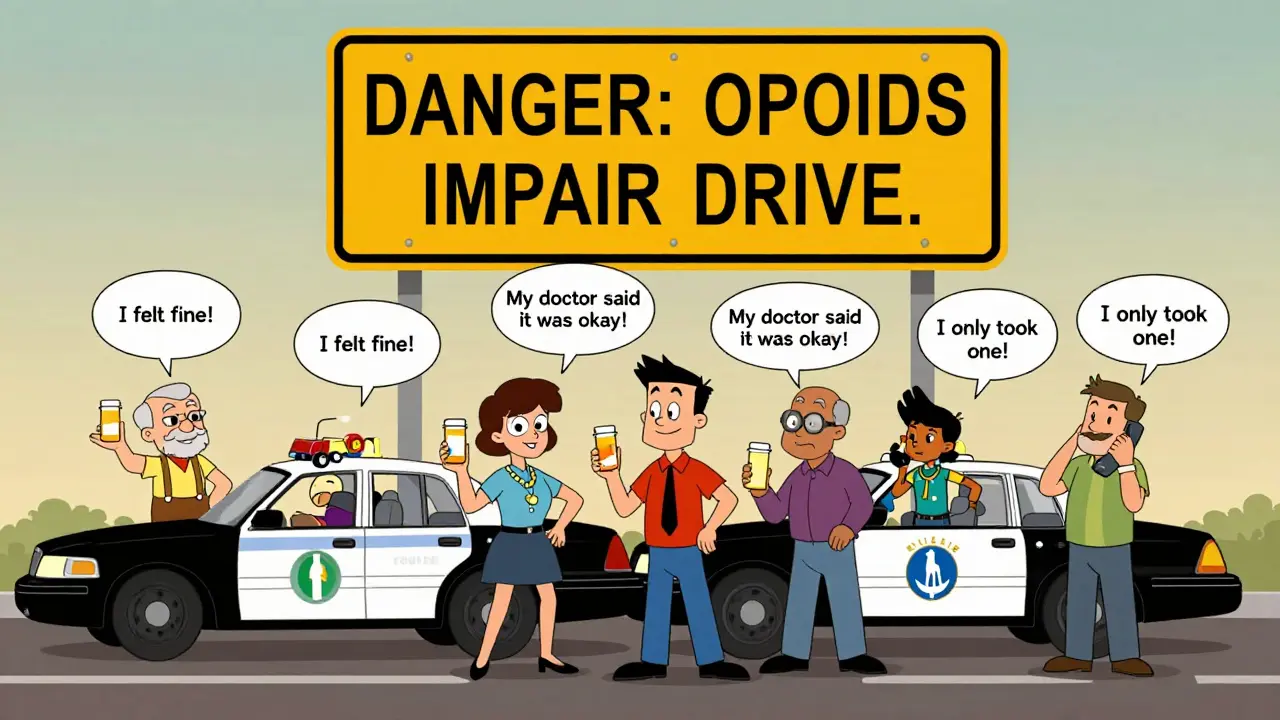 Multiple people with opioid bottles react to driving risks, shown with warning signs and different outcomes on the road.
