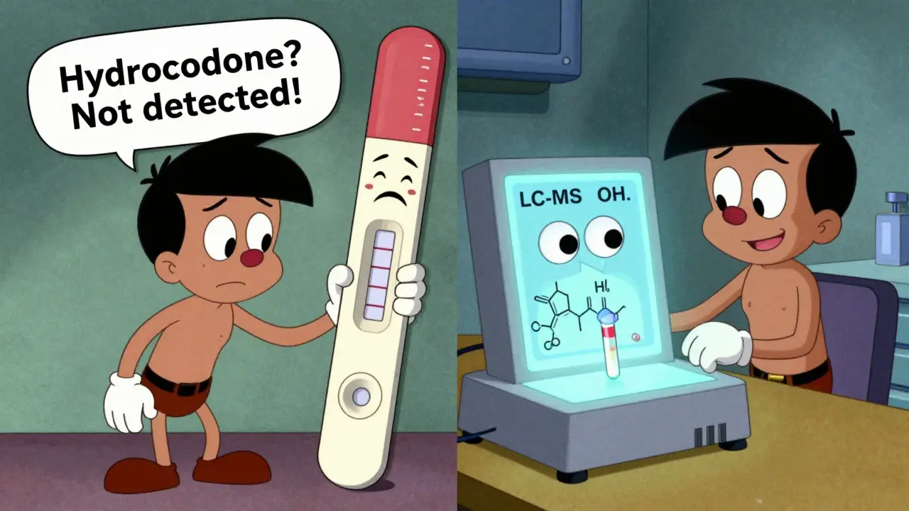 Patient confused by negative test on left, smiling as accurate machine confirms medication on right in Hanna-Barbera style.