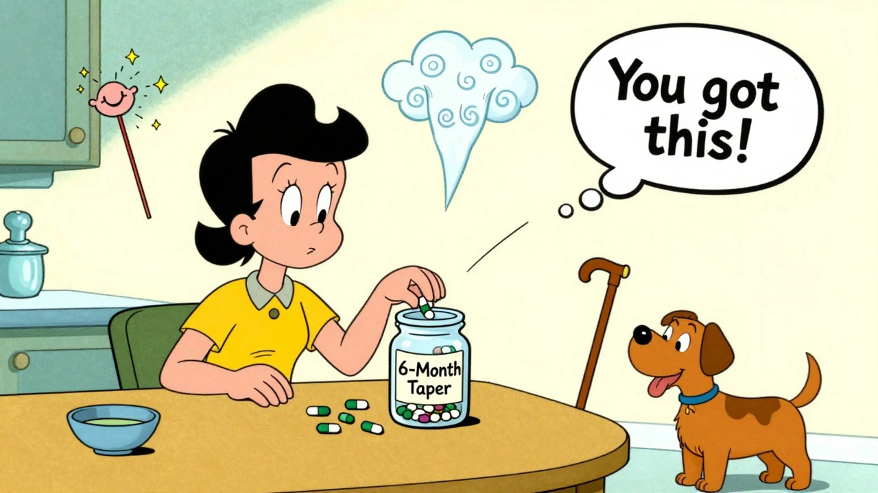 Patient reducing pills slowly with floating helpers like acupuncture, CBT, and walking cane.