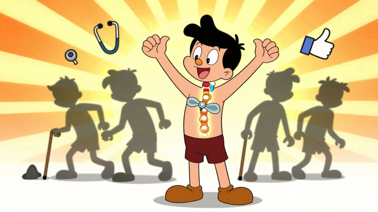 Patient stands confidently after surgery with spinning artificial disc in neck, past self stumbling behind.