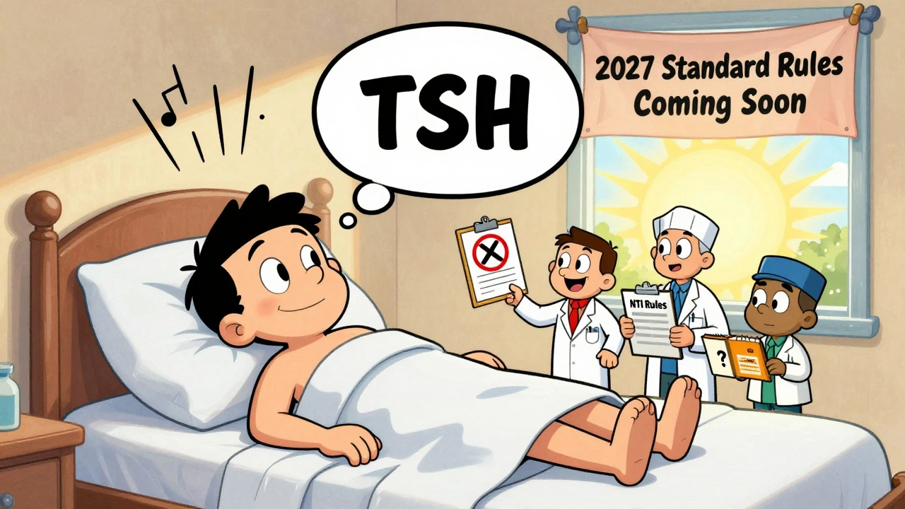 Patient with rising TSH levels watched by cartoon pharmacists from three states arguing over NTI substitution rules.
