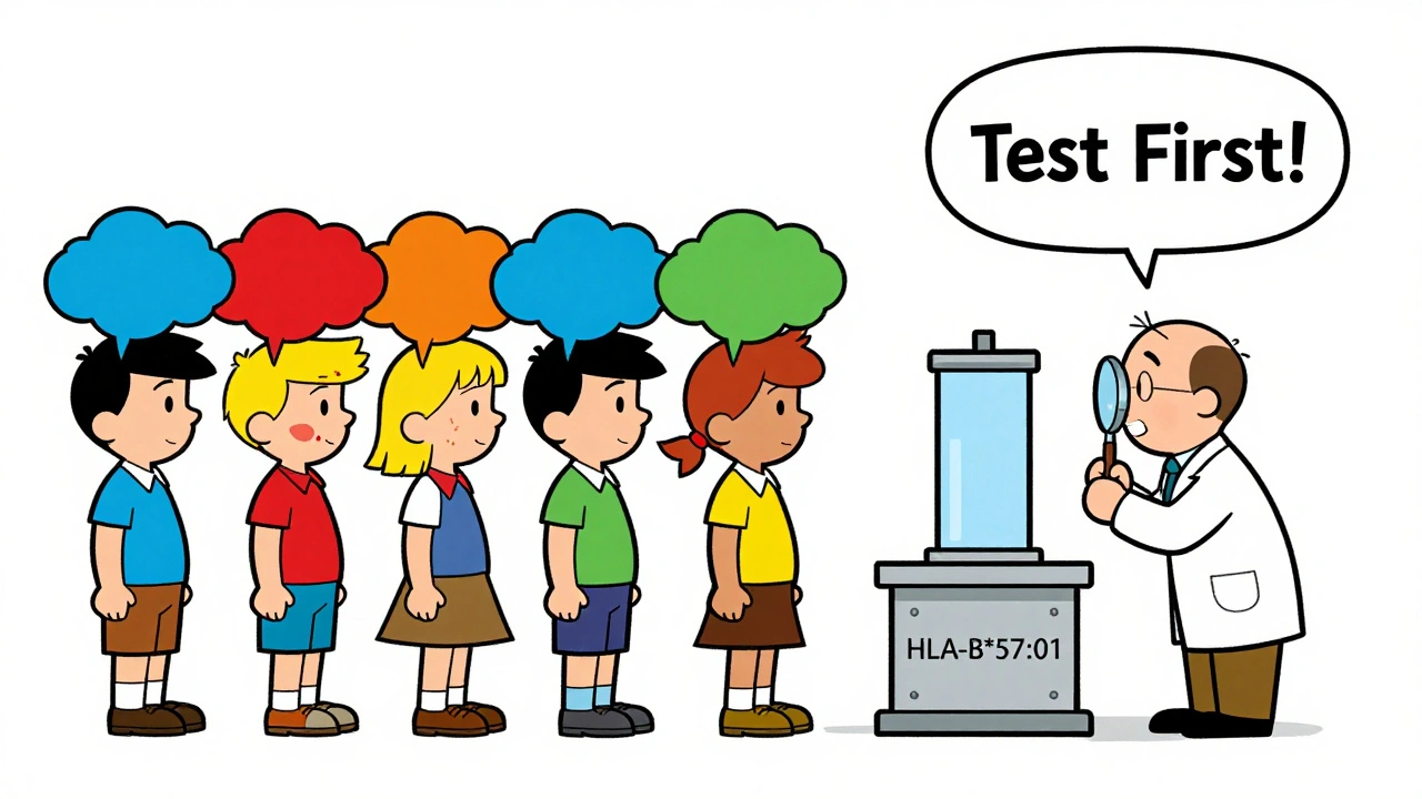 People with different side effect clouds being screened by a genetic scanner labeled &#039;Test First!&#039;