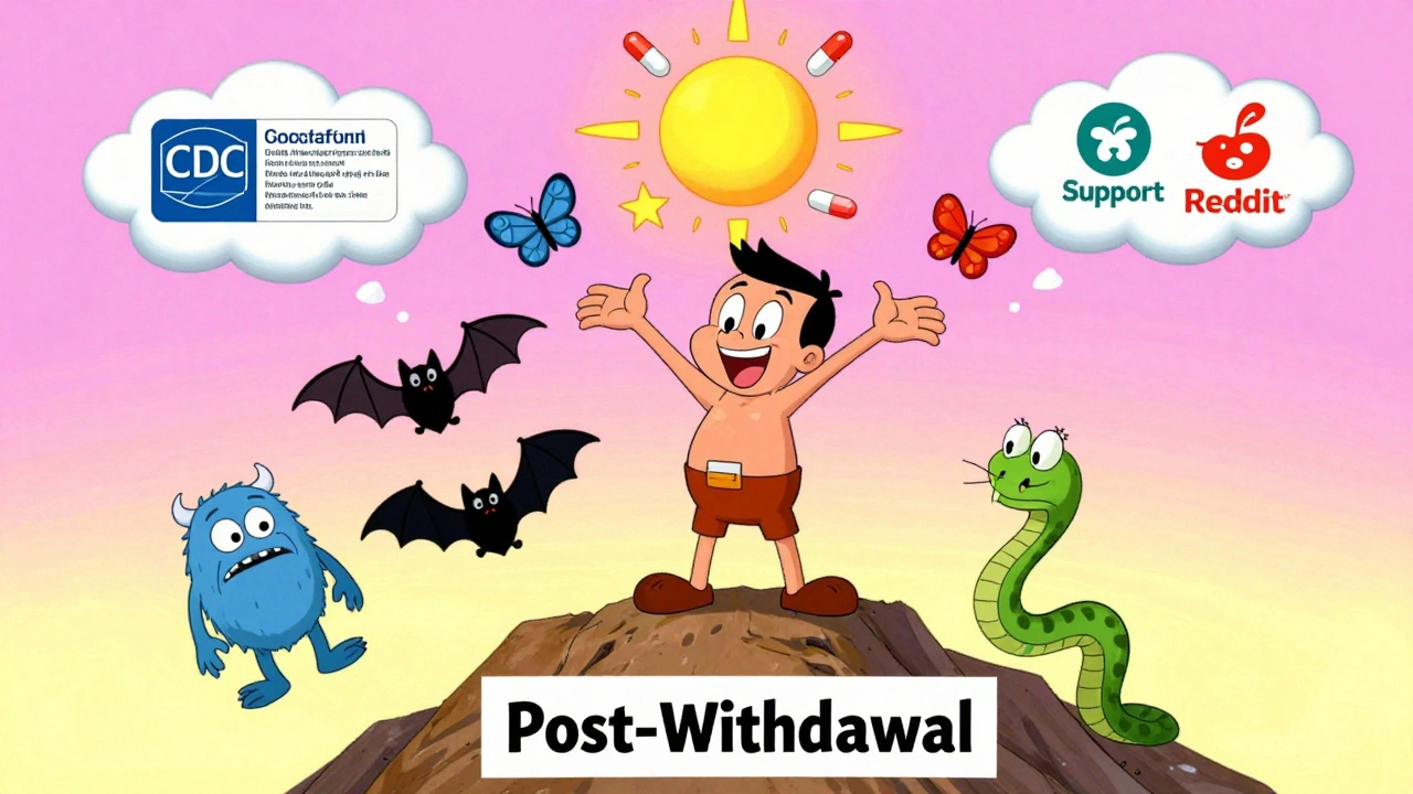 Person standing proudly on a mountain as withdrawal symptoms fall away, replaced by healing symbols.