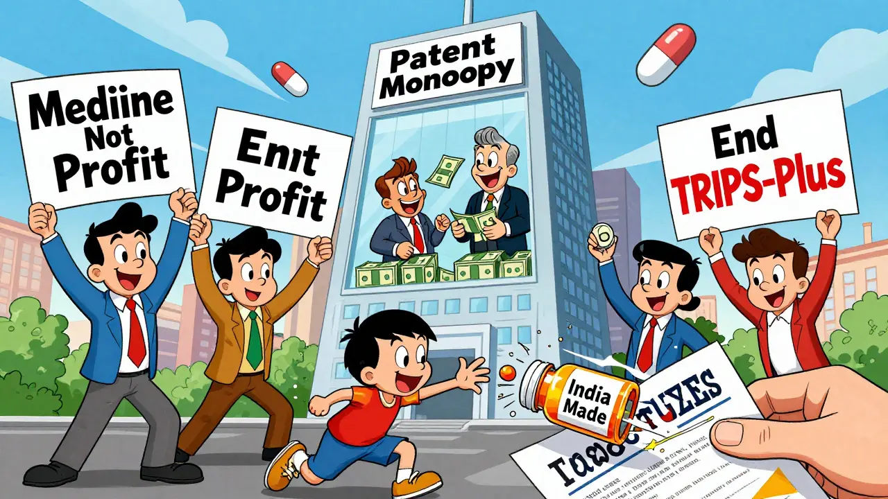 Protesters challenge a pharmaceutical skyscraper while a child reaches for generic pills