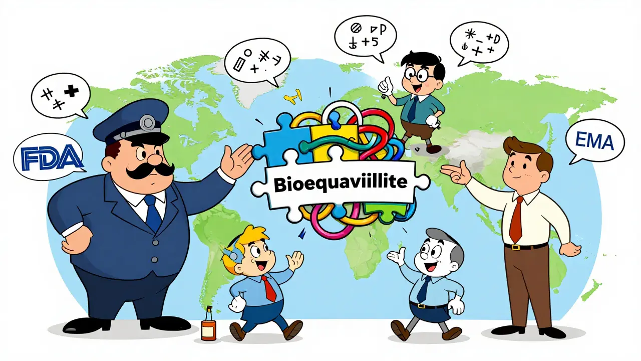 Regulatory characters arguing over a tangled bioequivalence puzzle on a global map.