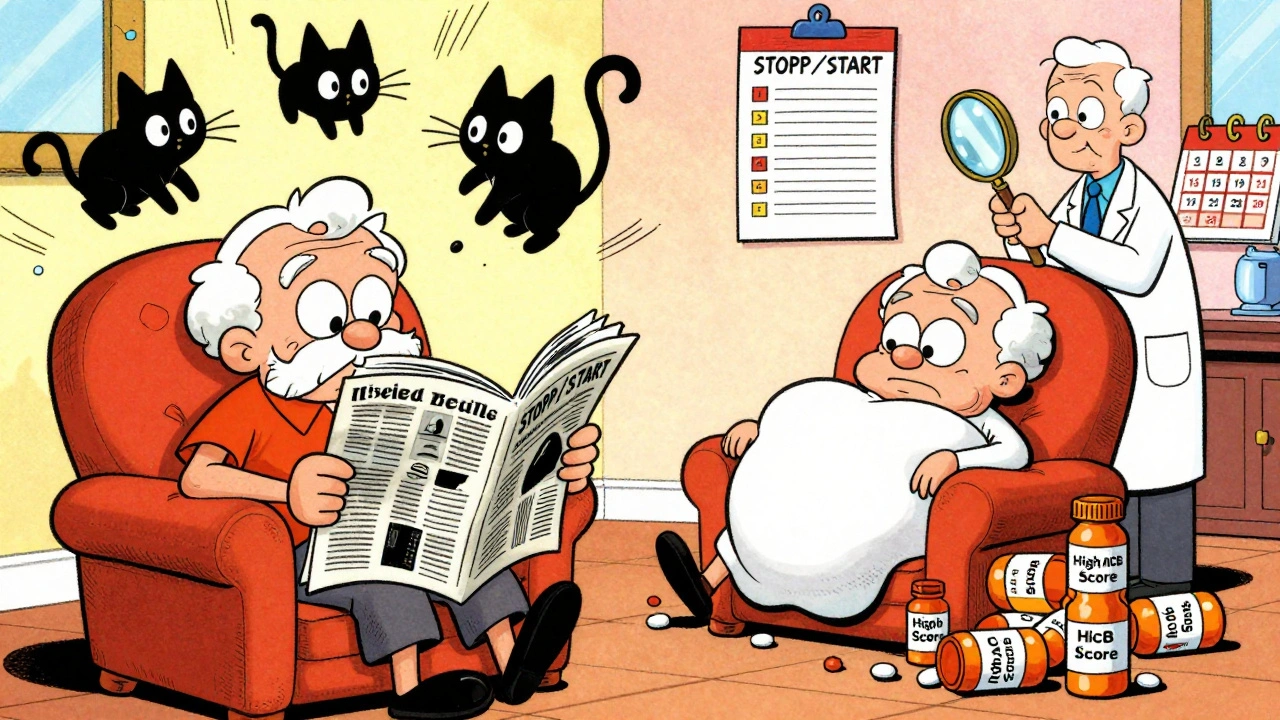 Senior split into two versions: one agitated with hallucinations, one withdrawn, surrounded by pill bottles and a STOPP/START checklist