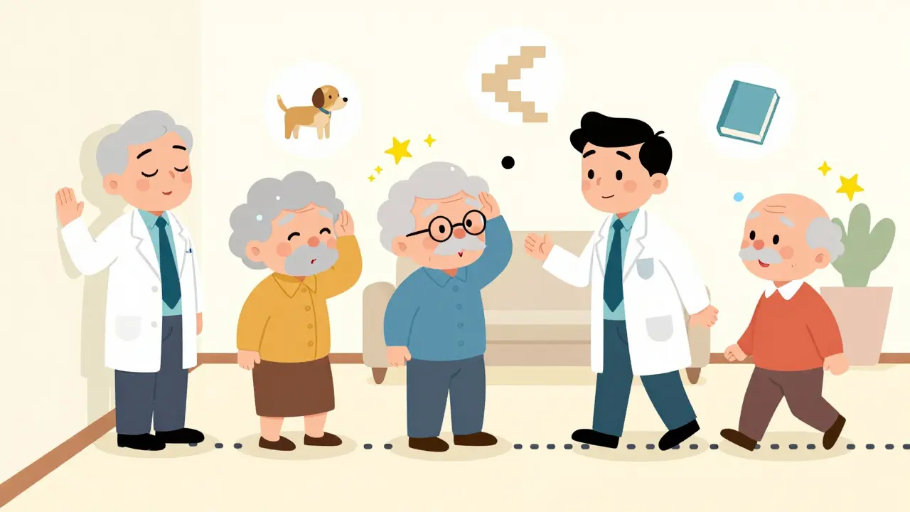 Seniors doing vestibular exercises with exaggerated expressions in a bright living room setting.