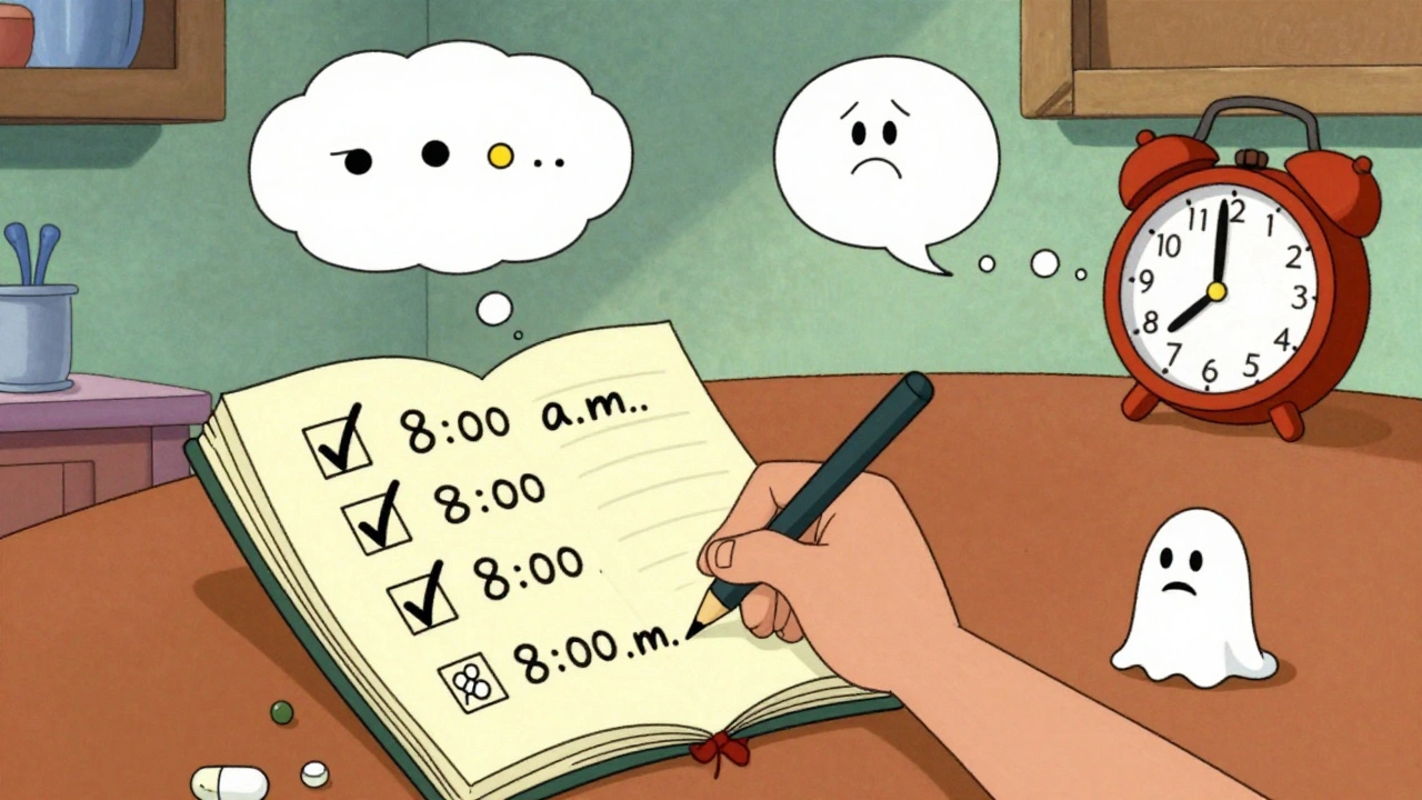 Someone checking off doses in a handwritten logbook with ghost pills representing missed doses.