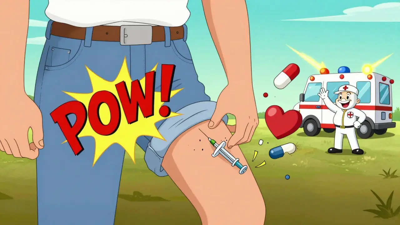 Someone injecting epinephrine into their thigh while antihistamines and steroids crumble in the background.