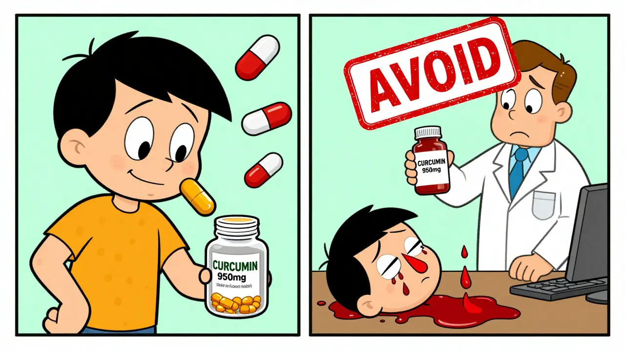 Split comic: person taking turmeric supplement collapses as blood drips, pharmacist stamps 'AVOID'.
