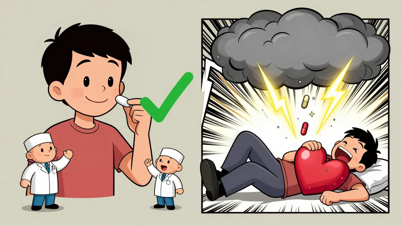 Split scene: calm pill-taking vs. dangerous heart reaction from stopping beta blockers.
