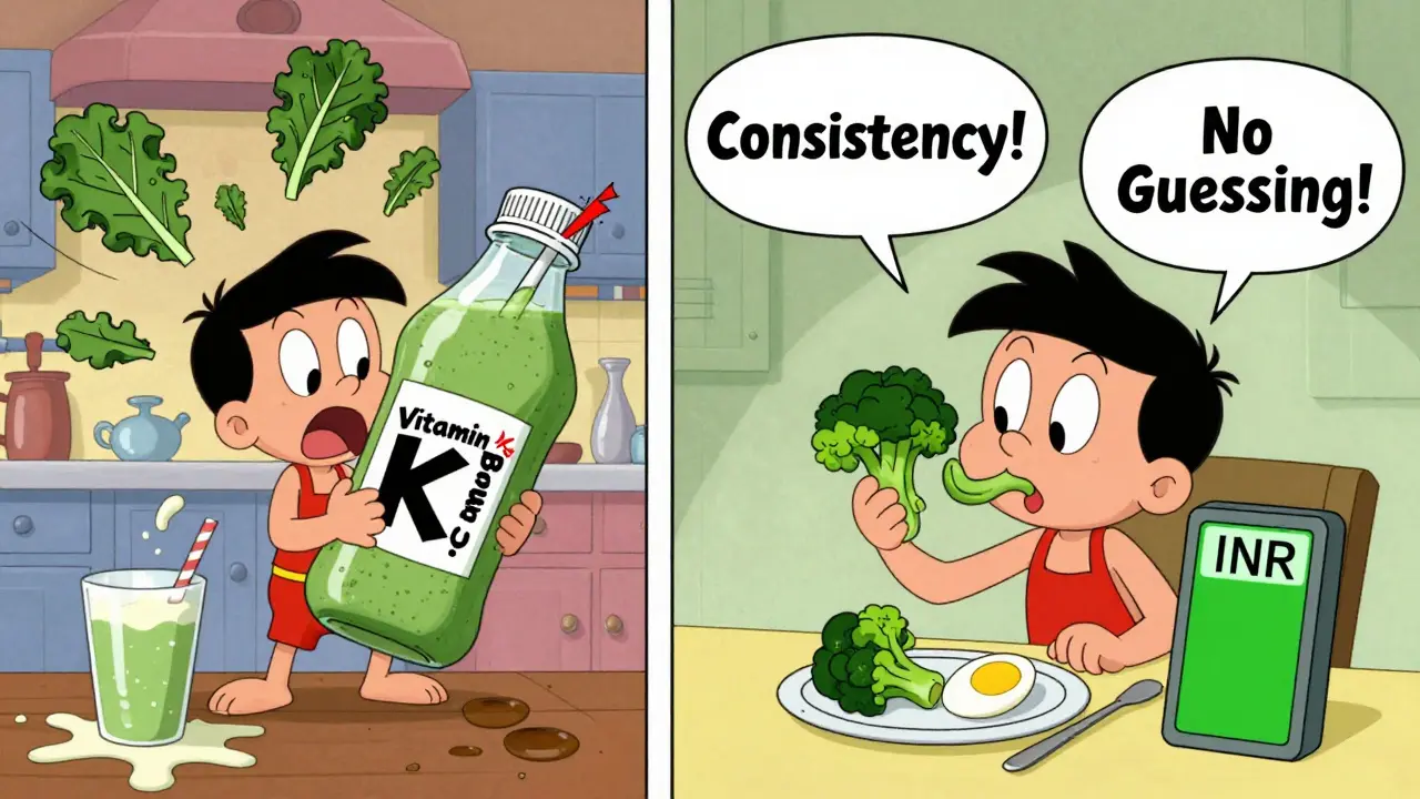 Split scene: chaotic smoothie chaos vs calm measured broccoli and egg meal with steady INR meter.