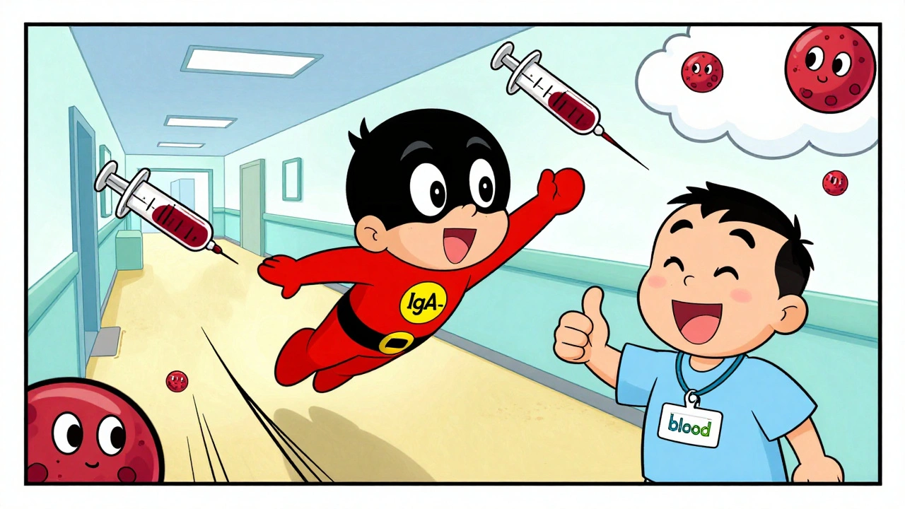 Superhero-style &#039;IgA-Depleted Blood&#039; flying past dangerous regular blood products in a hospital.