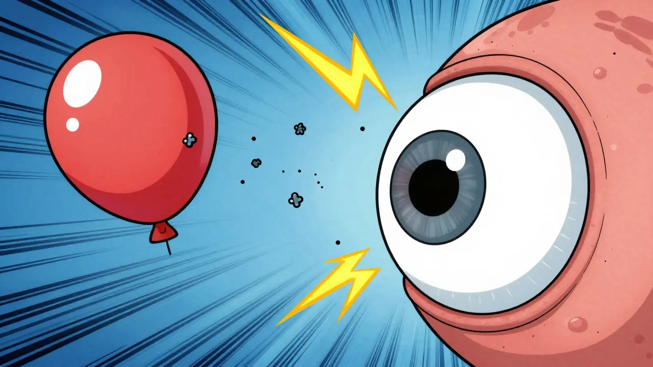 A cartoon eye shows vitreous shrinking away from the retina with flashing sparks inside.