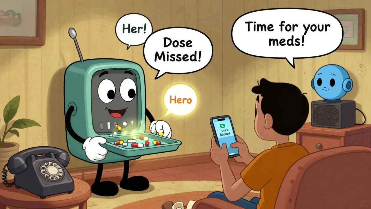 A cartoon pill dispenser with a face alerts a caregiver via smartphone as a voice assistant reminds about medication.