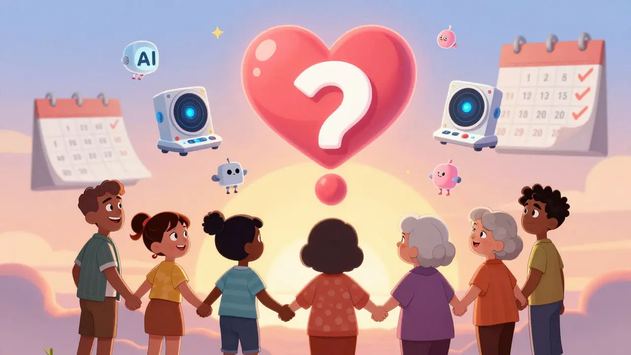 A diverse group holding hands as medical icons float around them in a heart-shaped aura.