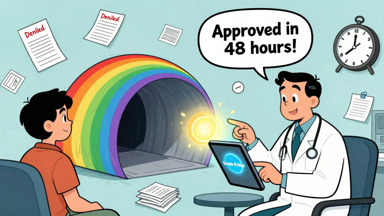 A doctor clicks a button that sends medicine through a rainbow tunnel to a patient’s home with fast approval shown.