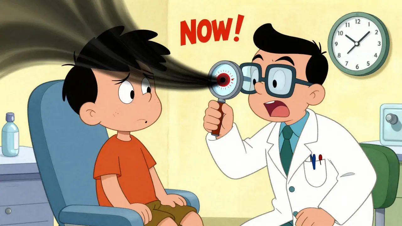 A doctor examines a patient's eye with a giant lens, revealing a retinal tear in cartoon style.