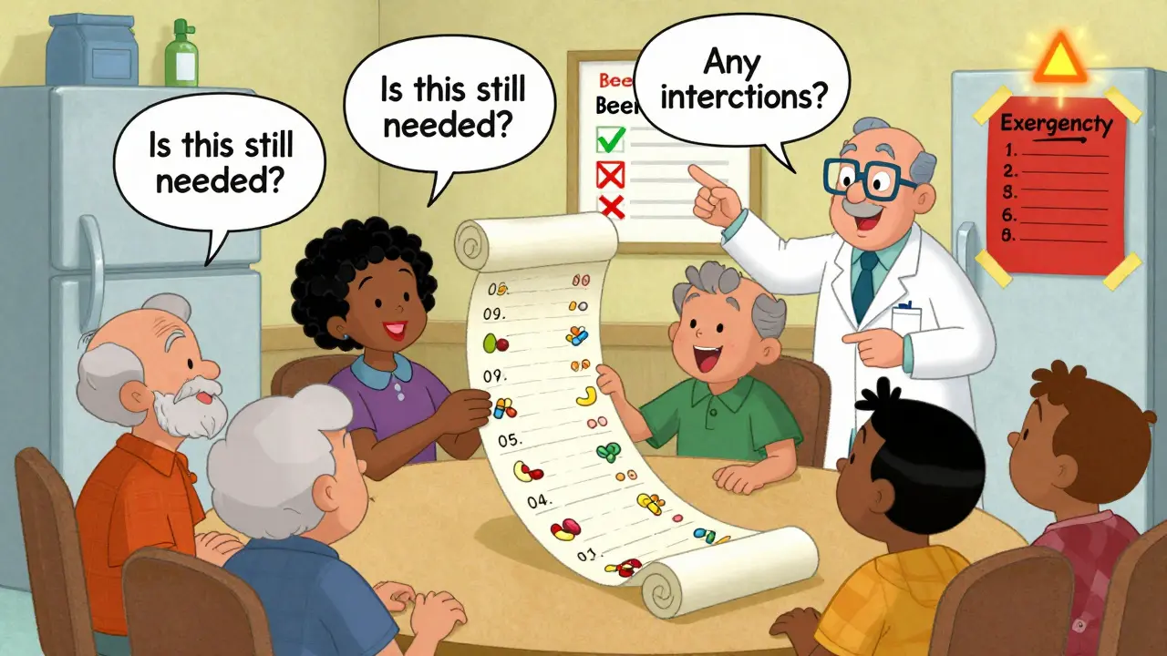 A family and pharmacist reviewing medications at a doctor’s office with a red emergency list visible on the fridge.