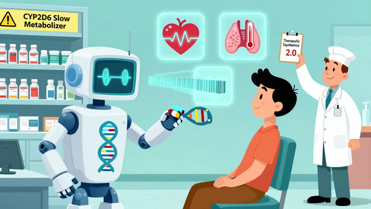 A futuristic robot scans a patient's DNA to personalize a combination drug in a 2030 pharmacy setting.
