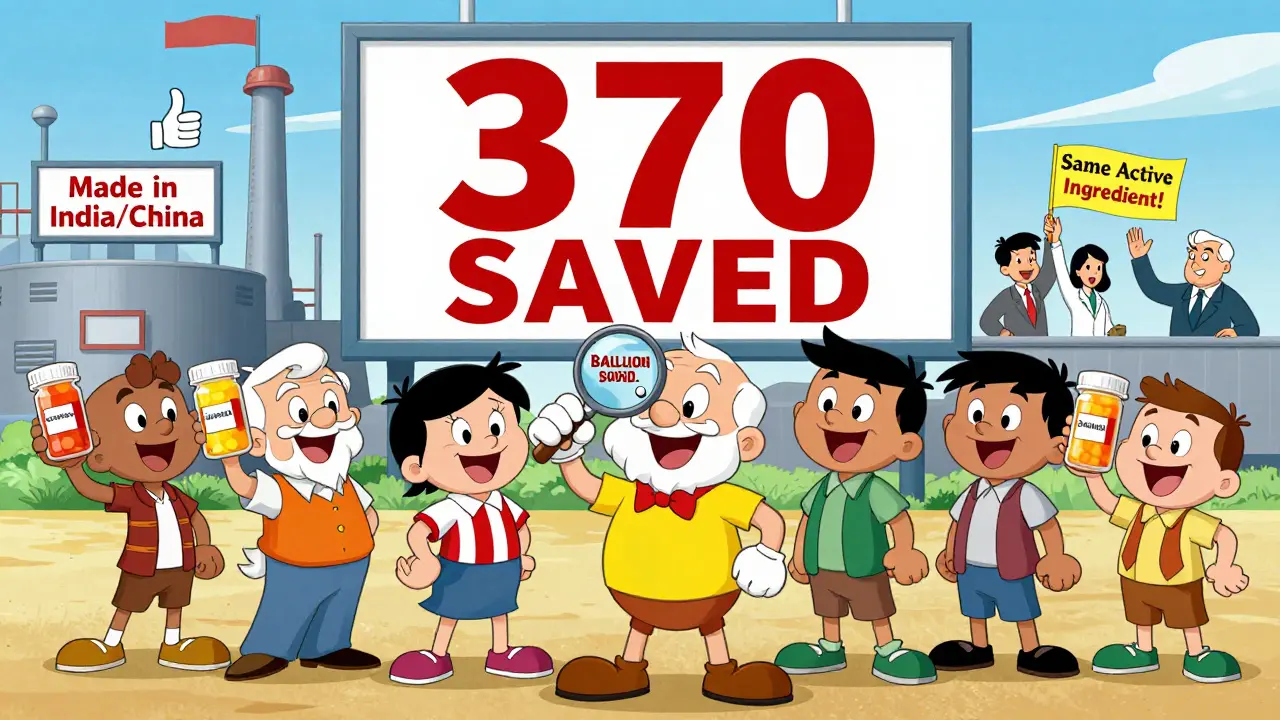 A group of smiling people holding generic pill bottles in front of a giant savings scoreboard.