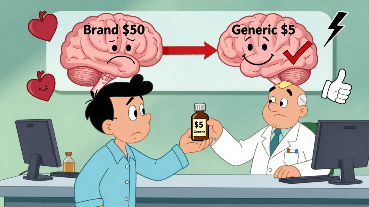 A man at a pharmacy receiving a cheap generic pill, with a brain showing cost vs. satisfaction pathways.