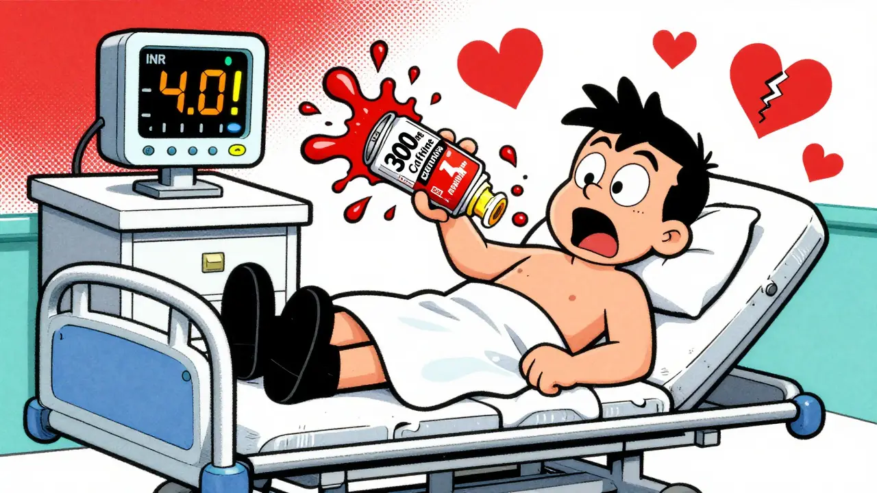 A man on a hospital bed with a high INR reading as an energy drink knocks over his blood thinner bottle.