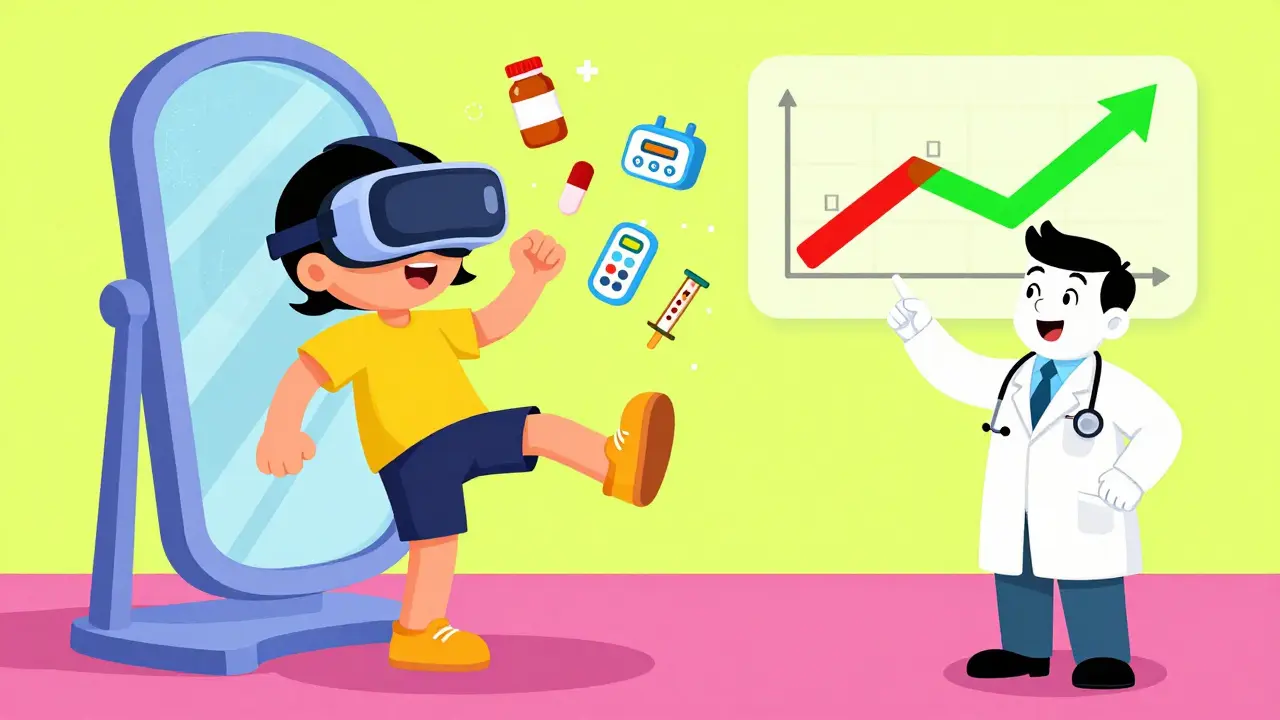 A patient in VR mirror therapy with an animated leg moving in sync, surrounded by medical treatment icons.