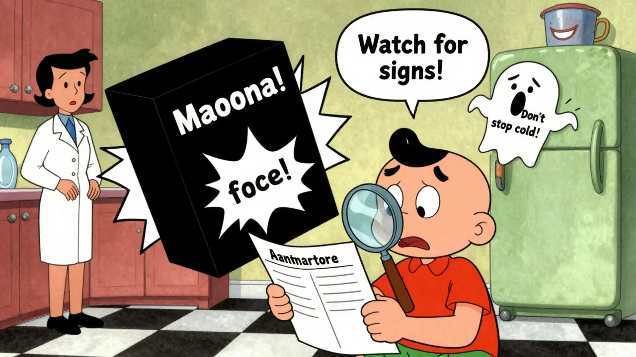 A patient reading a pill guide as a black box warning explodes out of the page, with a pharmacist offering calm advice in retro cartoon style.