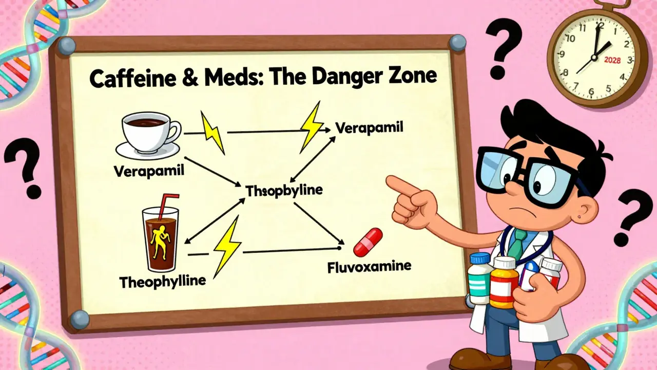 A pharmacist explains caffeine-medication risks using a giant flowchart with warning lightning bolts.