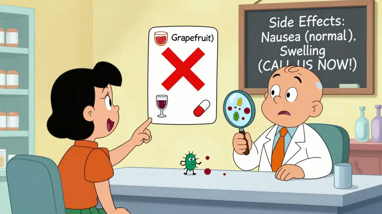 A pharmacist points out dangerous drug interactions using a magnifying glass over animated warning symbols.