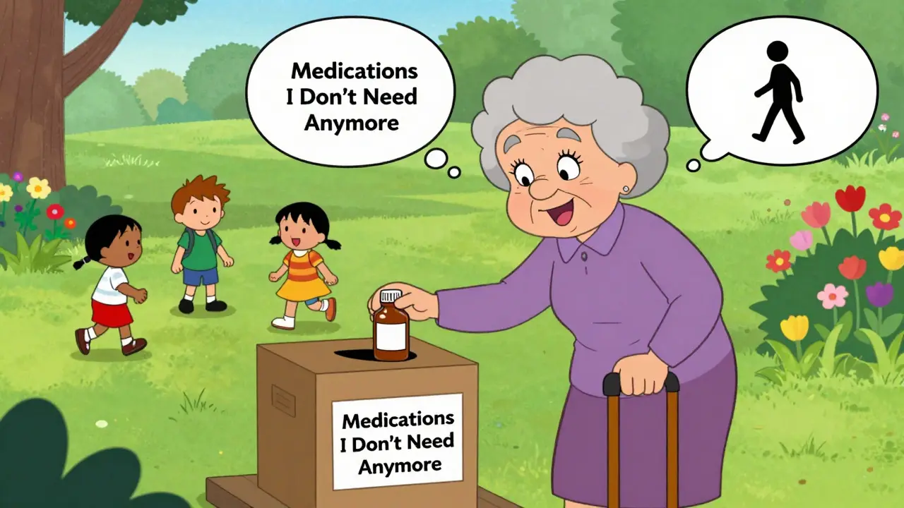 A senior woman placing an unwanted pill bottle into a donation box while watching her grandchildren play safely in the garden.