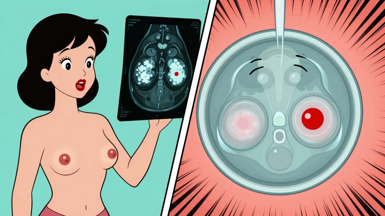 A side-by-side cartoon comparison of 2D and 3D mammograms revealing a hidden tumor.