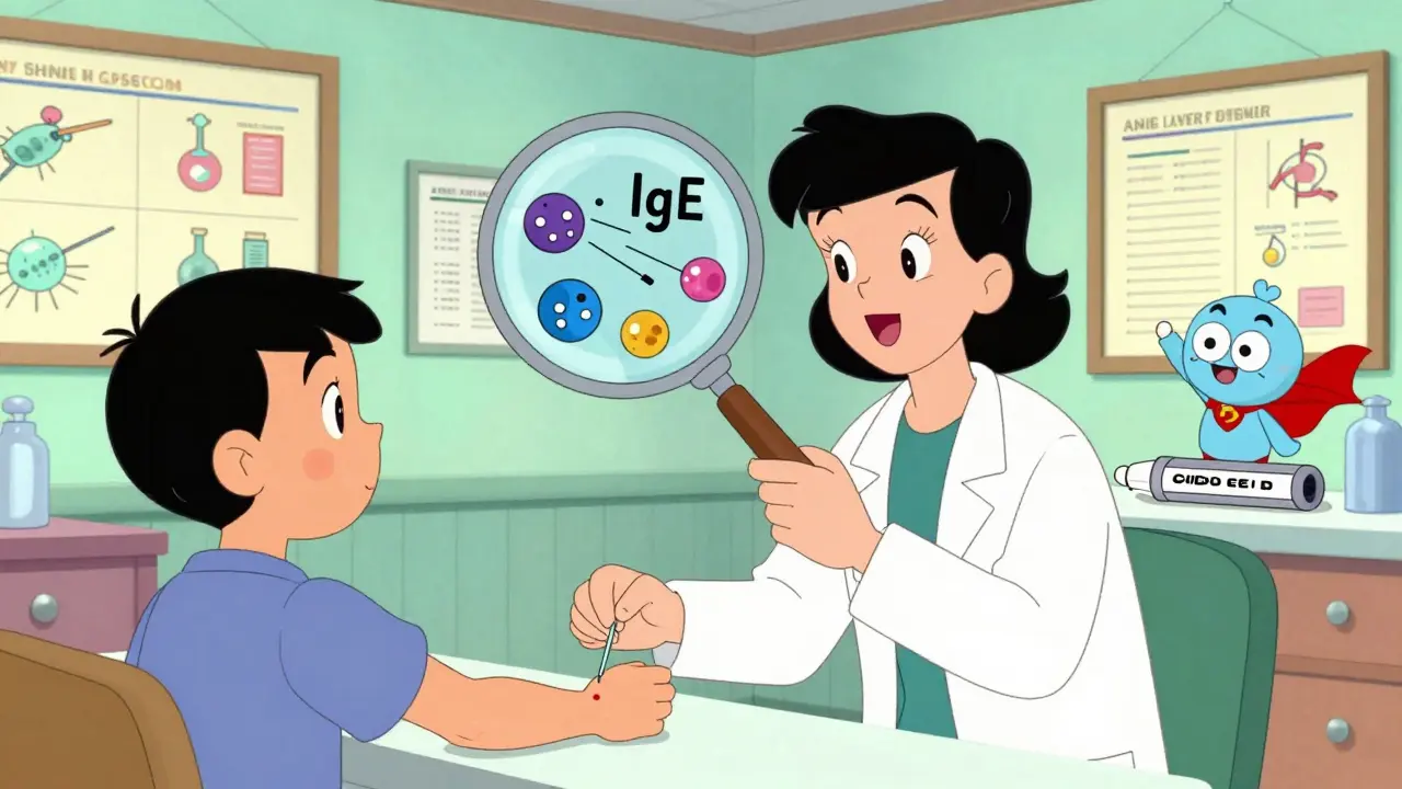 Allergist performing a skin test with cartoon immune cells chasing a drug molecule