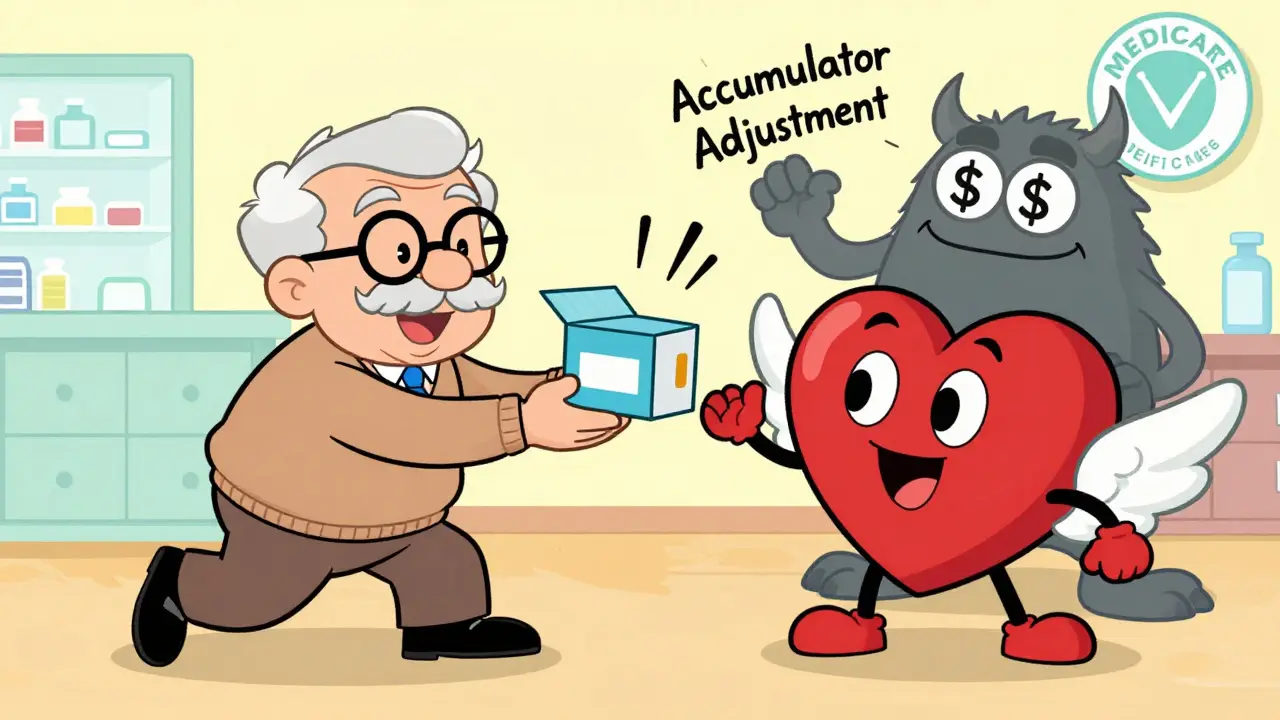 An elderly person receives medicine from a heart-shaped nonprofit character while a dollar-sign monster tries to stop them.