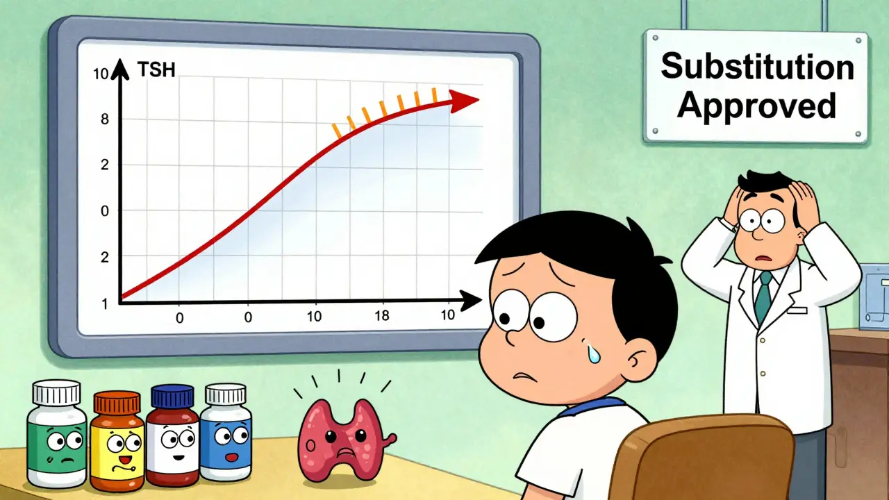 Blood test graph showing wild fluctuations above patient's head, thyroid gland sweating, pill bottles with faces.