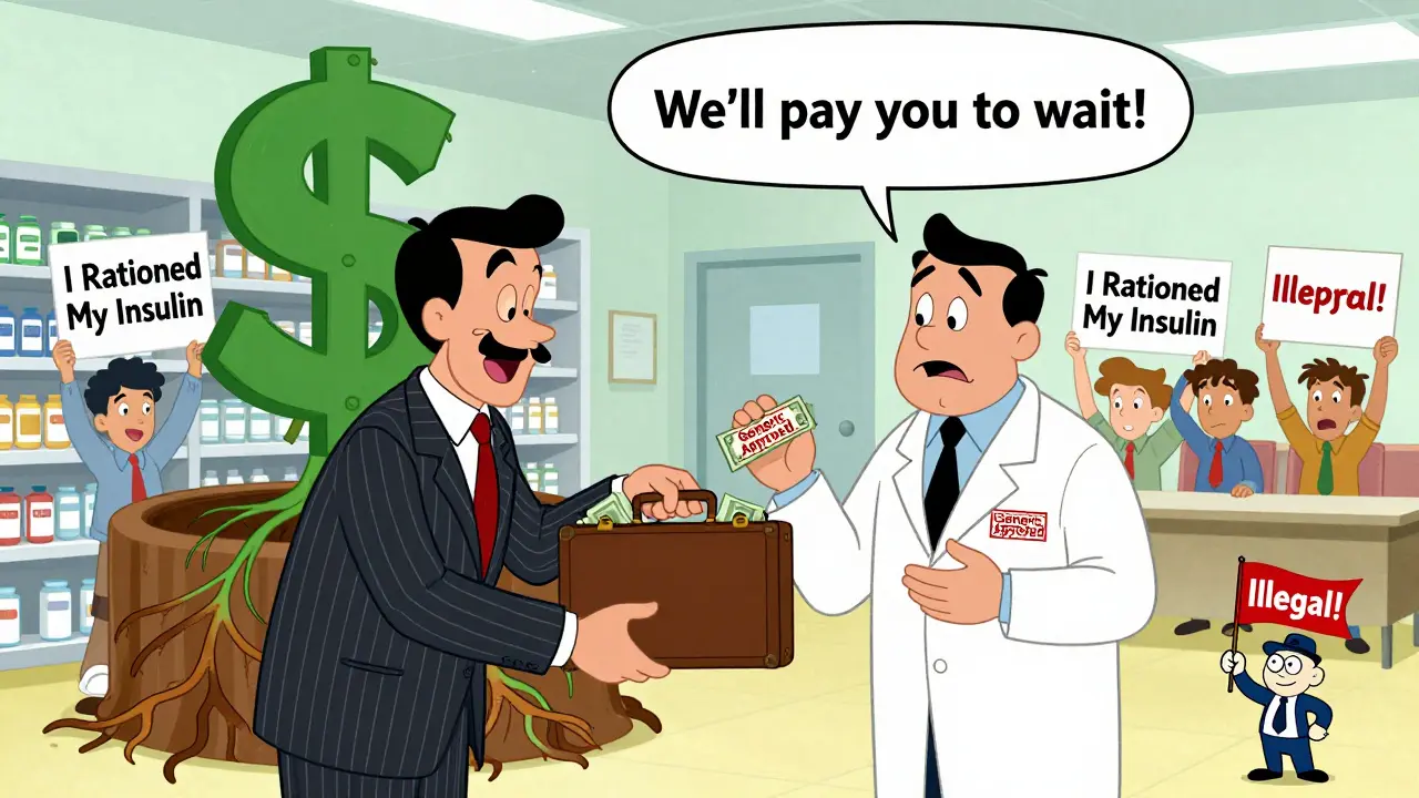 Brand-name executive paying a generic maker to delay launch, while patients suffer in the background.