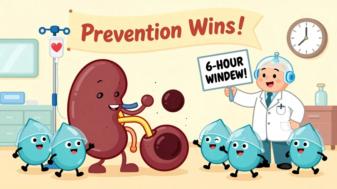 Cartoon water droplets flushing myoglobin from a kidney in hospital, with urgent clock and prevention banner, Hanna-Barbera style.