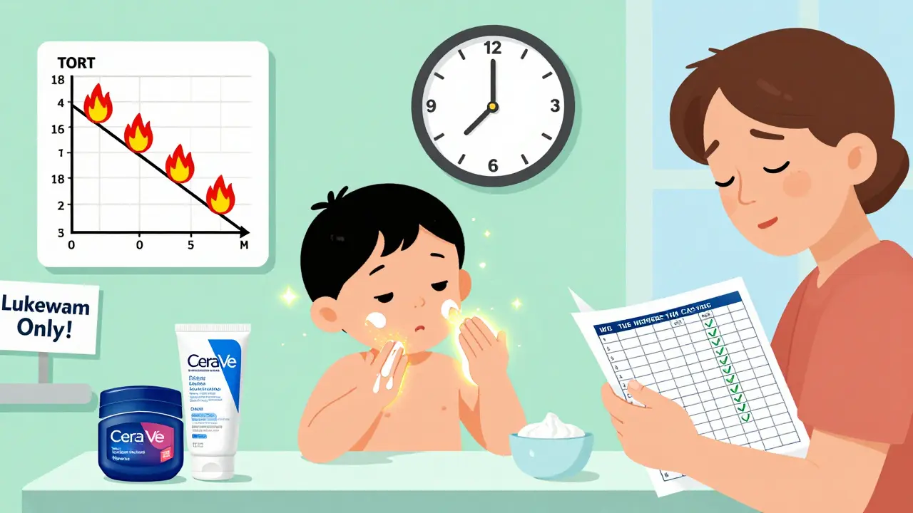 Child applying emollient after bath with finger units, glowing shield forming on skin, progress chart on wall.