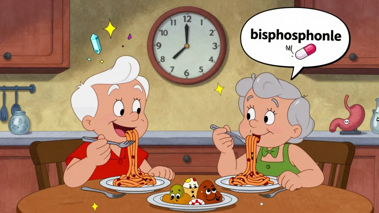 Couple taking calcium and vitamin D with dinner, bisphosphonate already passed through system.