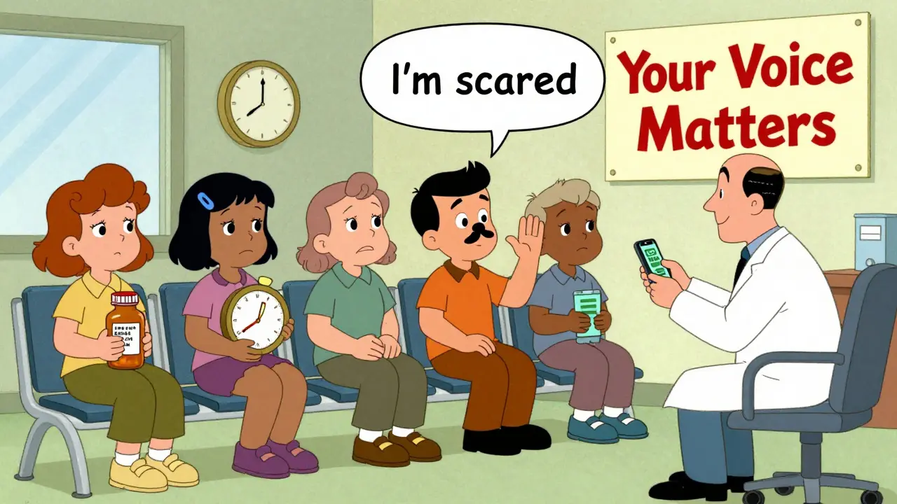 Diverse patients in a clinic waiting room, each facing medication challenges, one speaking up.