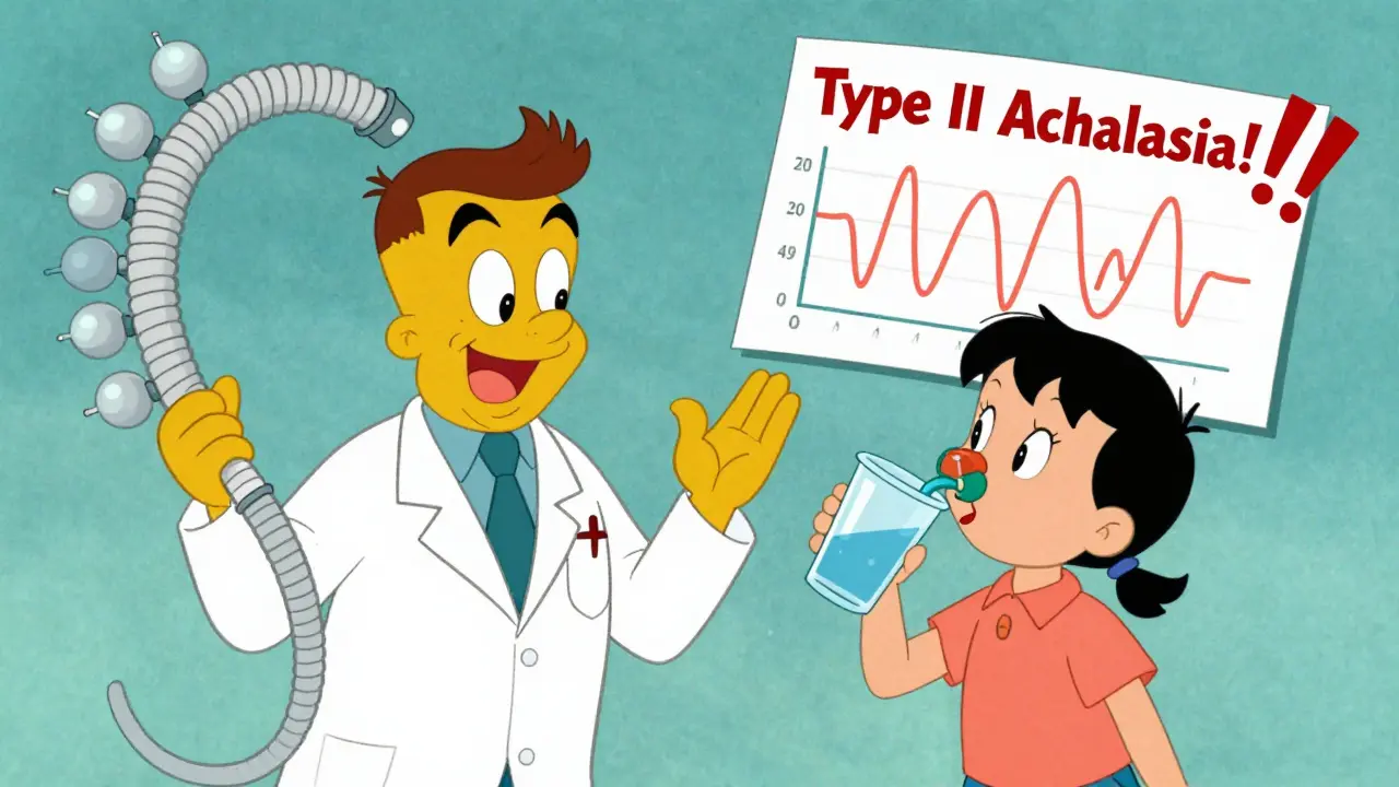 Doctor using a giant pressure tube on a gagging patient, colorful 1960s cartoon style