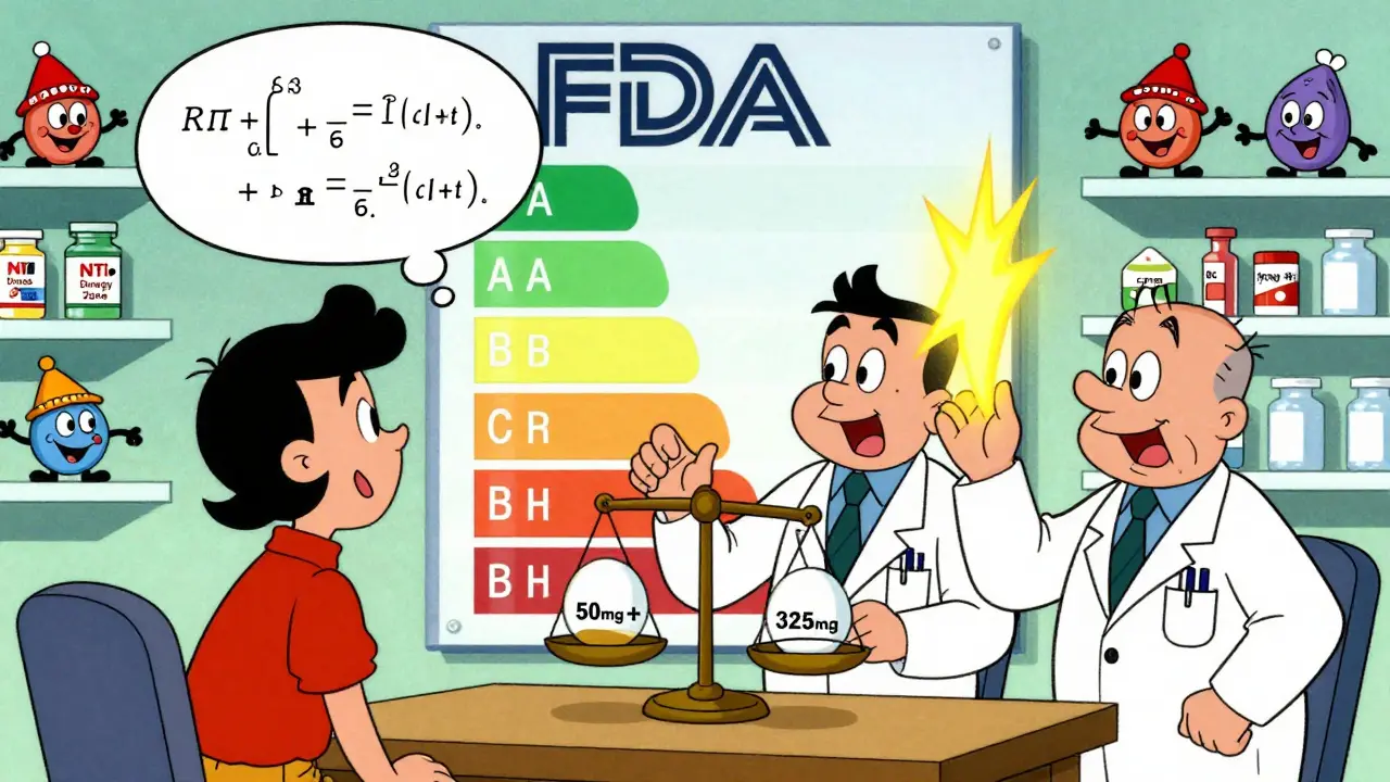 Doctors arguing over a synergy-enhanced pain pill while a giant FDA rating chart looms in the background.