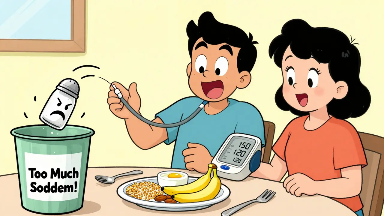 Family celebrating dropping blood pressure with DASH diet plate and a trash can full of salt.