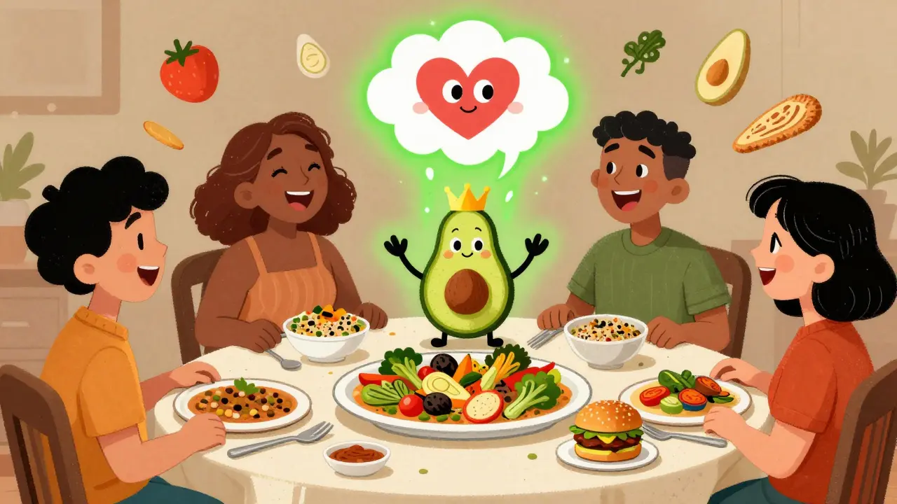 Friends enjoying a plant-forward meal with a crowned avocado and tiny burger on the side.