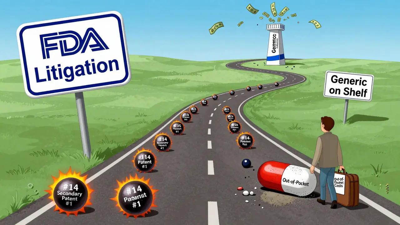 Generic drug on a long road dodging 14 patent bombs, exhausted before reaching the shelf.