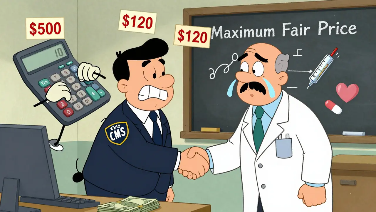 Government agent shaking hands with pharmaceutical executive as prices drop dramatically.