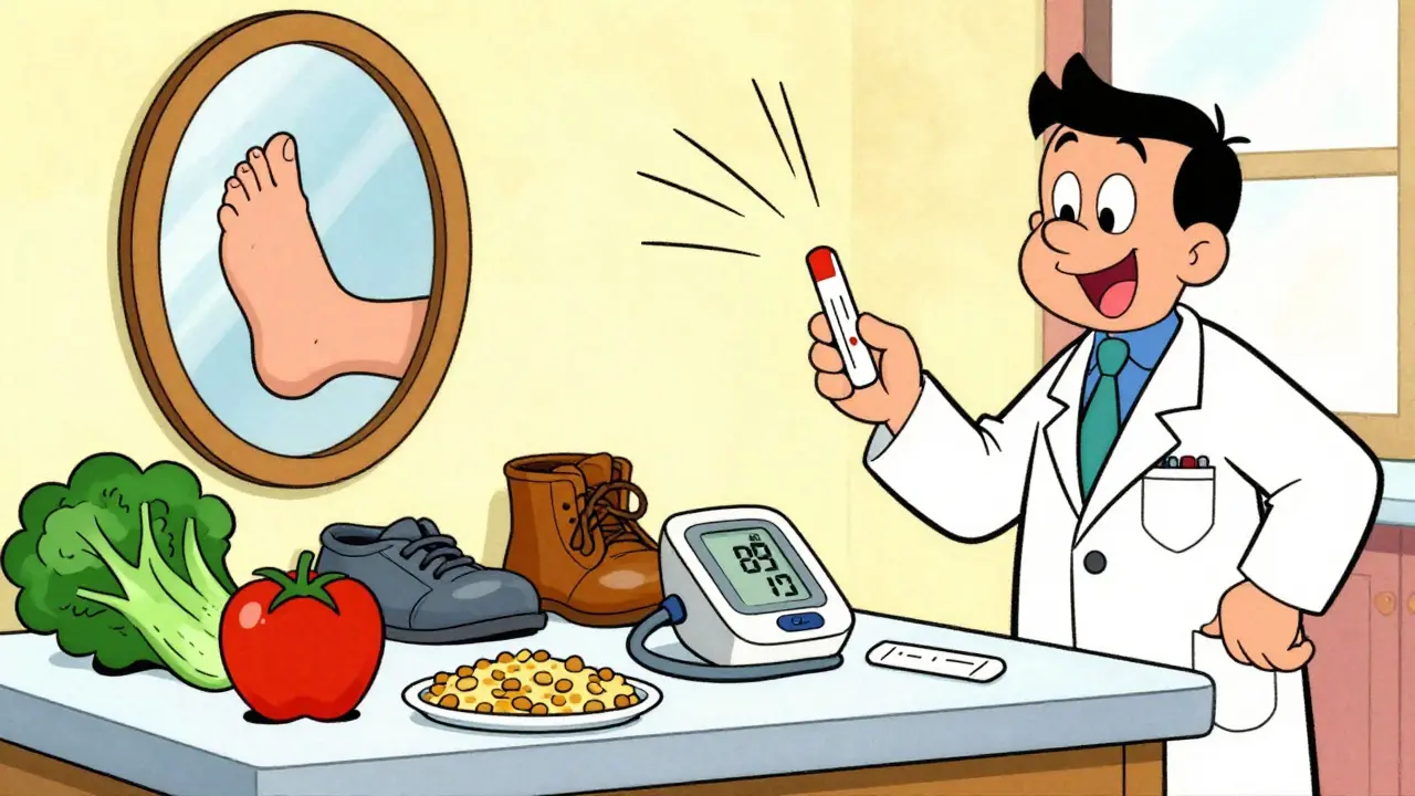 Kitchen scene with healthy food and mirror showing foot exam, animated medical items chatting happily.